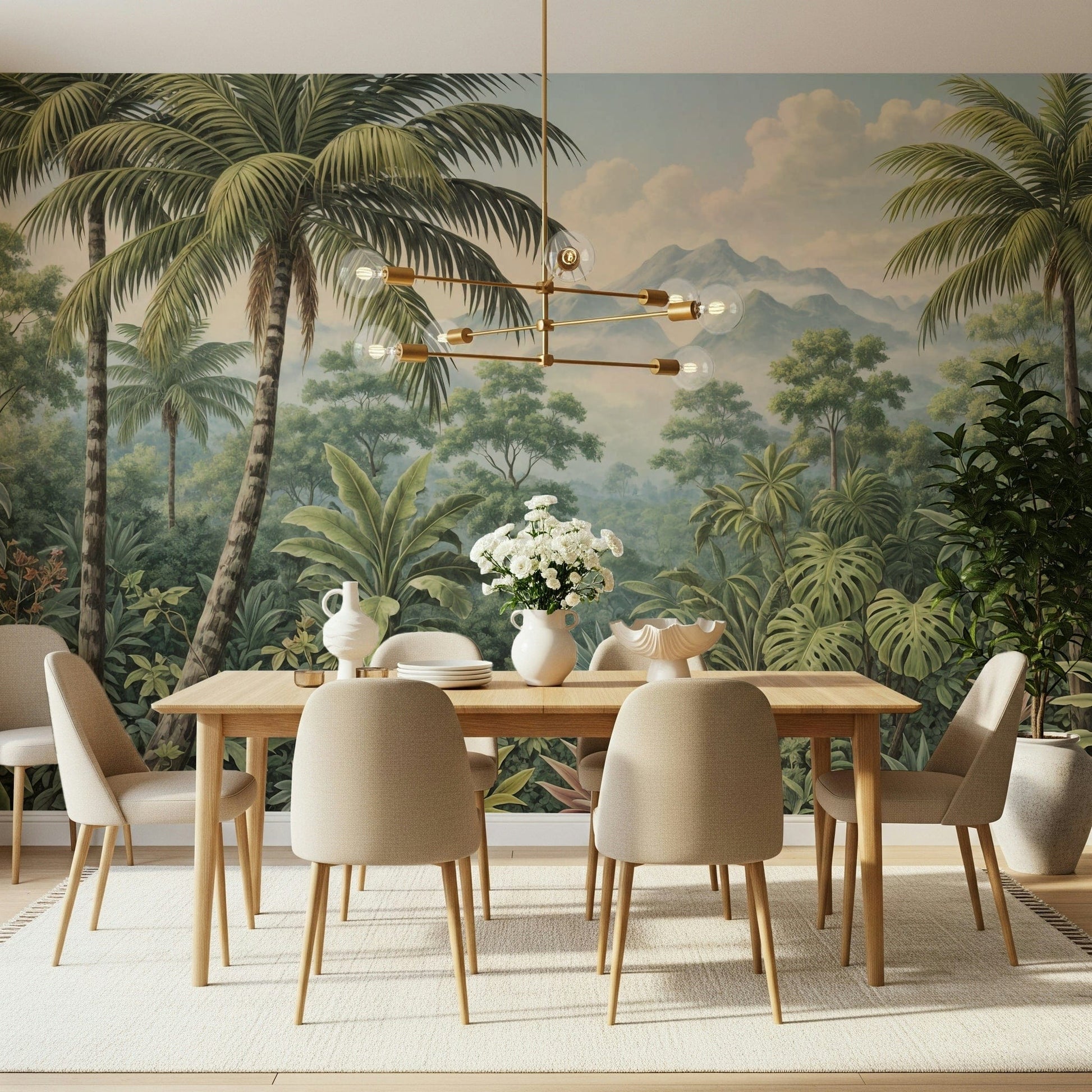 Jungle Vista wallpaper mural of green palms and misty mountains behind a wood dining table and beige chairs
