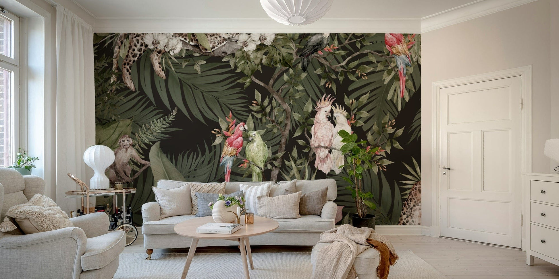 The design features a repeating pattern of soft, lush leaves and subtle animal shapes.

