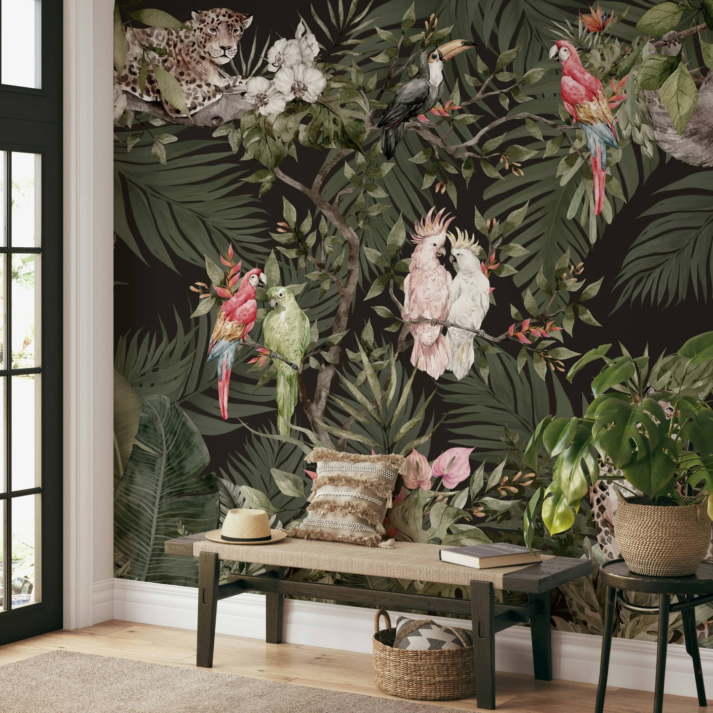 A peaceful wall mural with an organic, botanical design.

