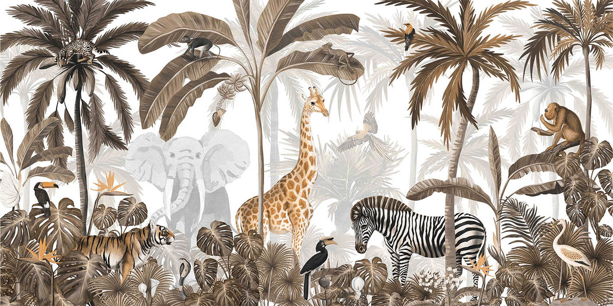Tropical Jungle Wild Animals Trees Wallpaper Mural in your room — zoomed