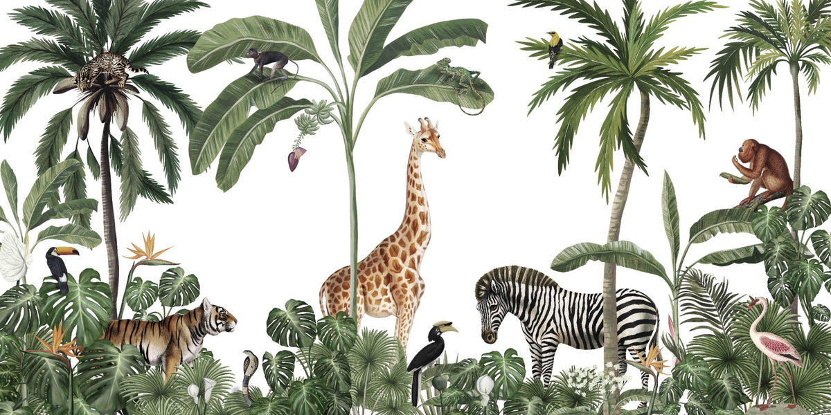 Tropical forest wild animals & trees wallpaper in your room — zoomed