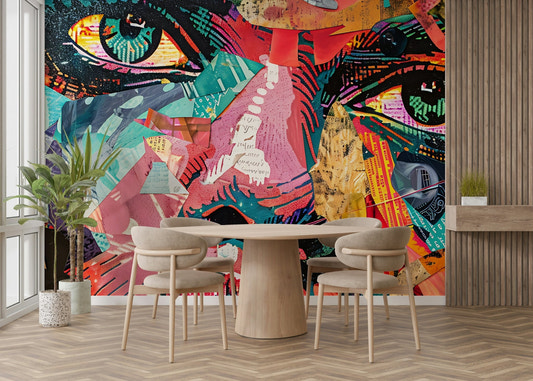 Fragmented shapes and vibrant colors.

