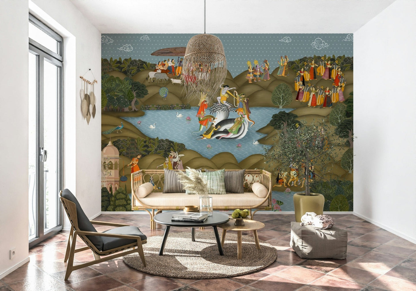 Kaliya Mardan Saga wall mural detail with ornate borders and patterns