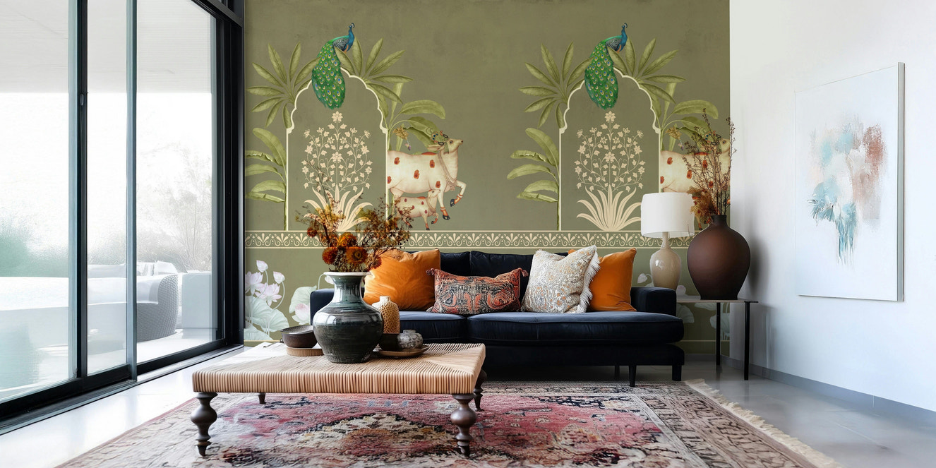 Tulsi-Green Kamdhenu Wall Mural in modern living room with green tones