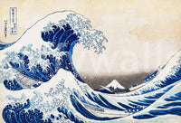 Katsushika Hokusai's The Great Wave off Kanagawa wallpaper mural close-up of the blue cresting wave, boats and Mount Fuji