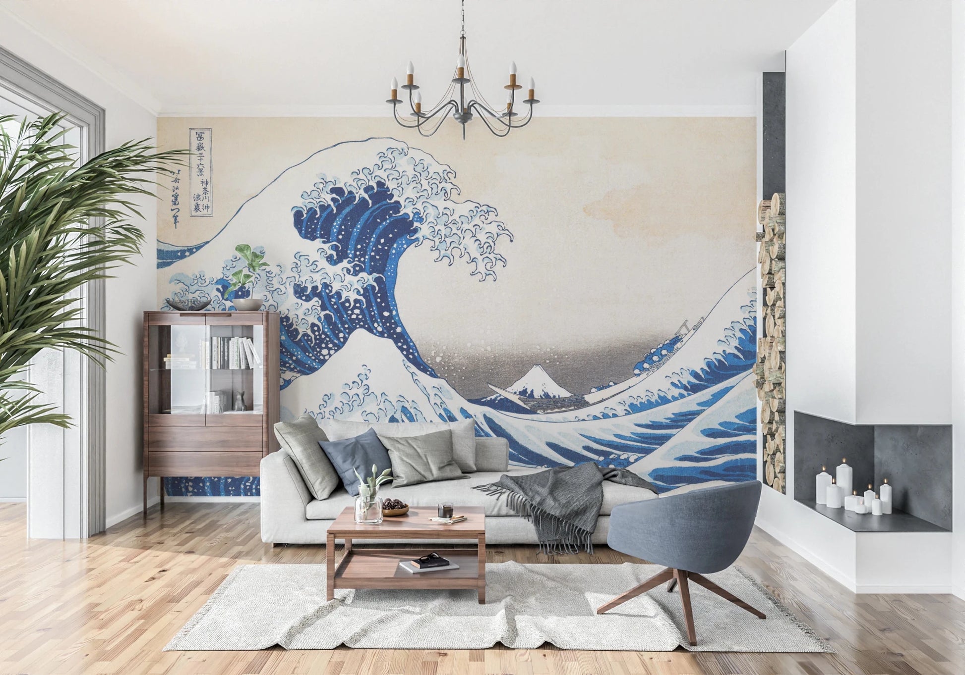 Katsushika Hokusai's The Great Wave off Kanagawa wallpaper mural with the blue wave behind a grey sofa, glass cabinet and swivel chair