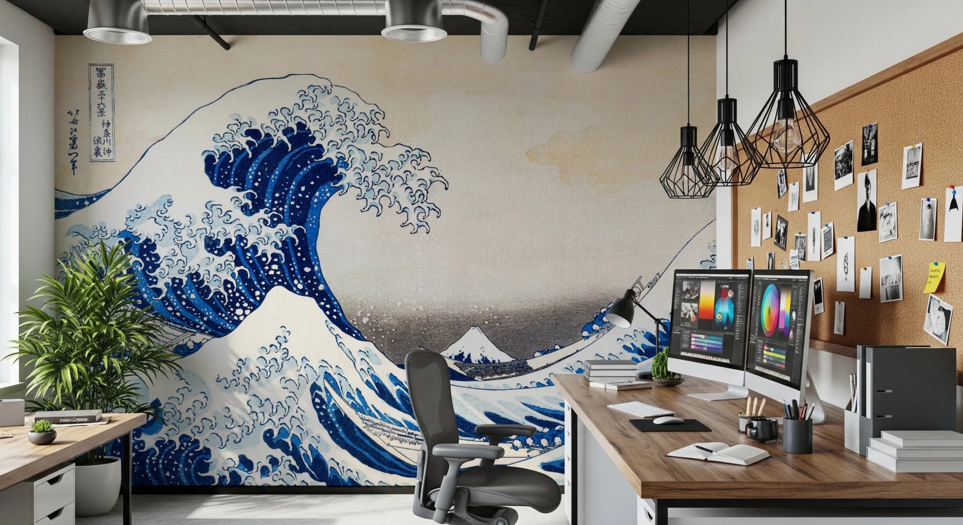 Katsushika Hokusai's The Great Wave off Kanagawa wallpaper mural with the blue wave behind a home office desk with dual monitors
