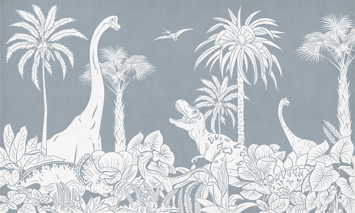 Monochrome Dino Blue Mural in your room — zoomed
