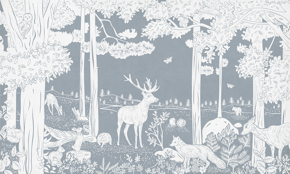 Monochrome Forest Blue Wall Mural in your room — zoomed