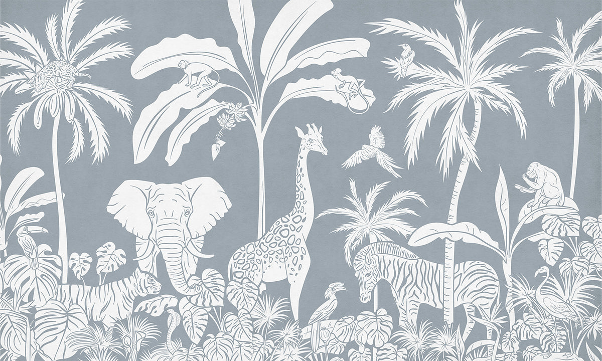Monochrome Jungle Blue Wall Mural in your room