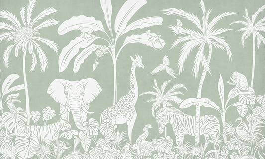 Monochrome Jungle Green Wall Mural