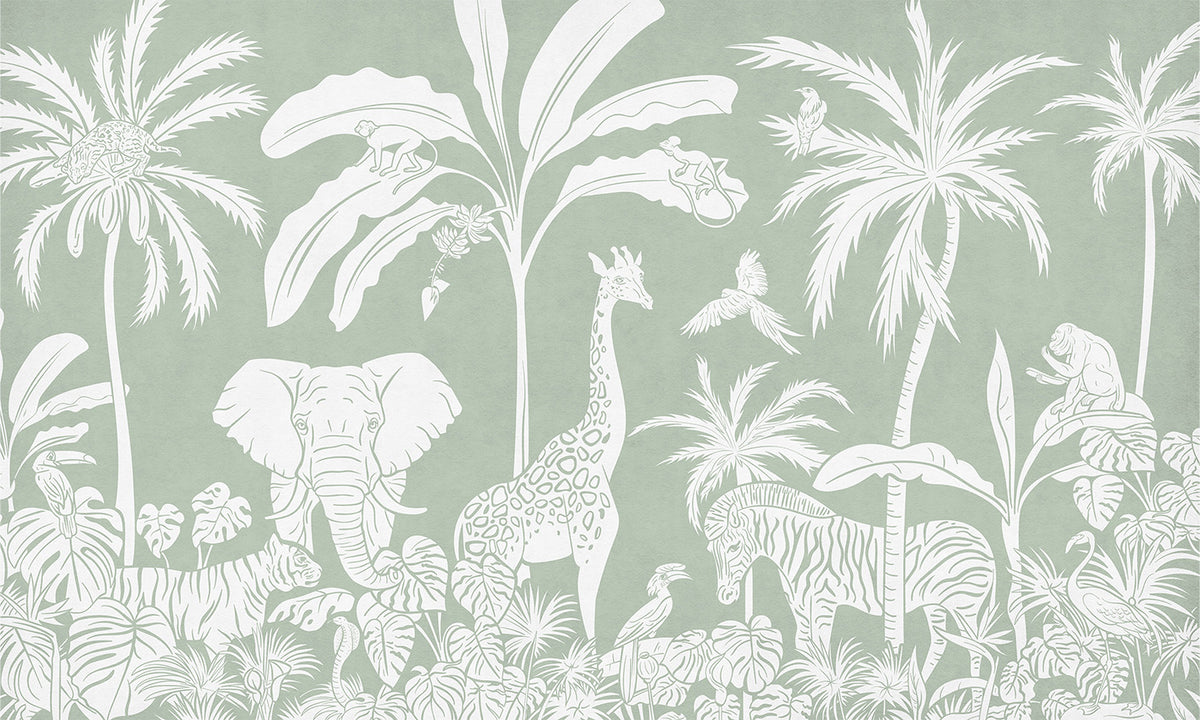 Monochrome Jungle Green Wall Mural in your room — zoomed