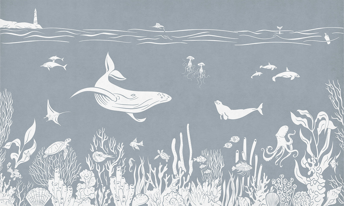 Monochrome Sea Blue Wallpaper Mural in your room — zoomed