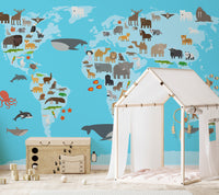 Vibrant kids' animals map mural for playful learning spaces.
