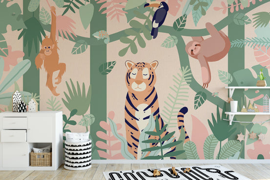 Kids Jungle animal friends wallpaper mural shown as a full feature wall that highlights the design