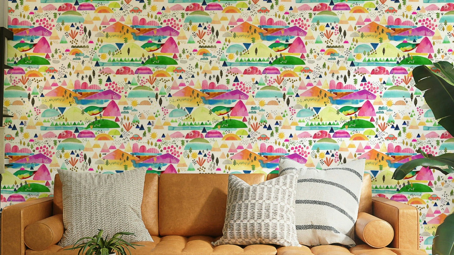 Kids wallpaper with mountain adventure scene


