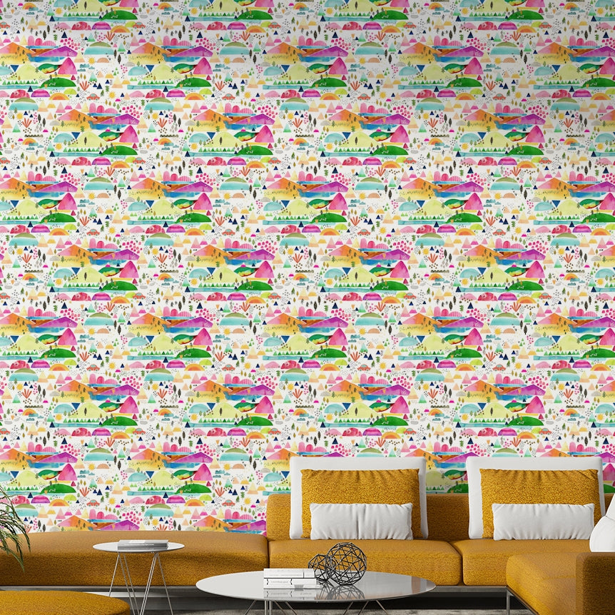 Adventure peaks and trees on kids wall mural

