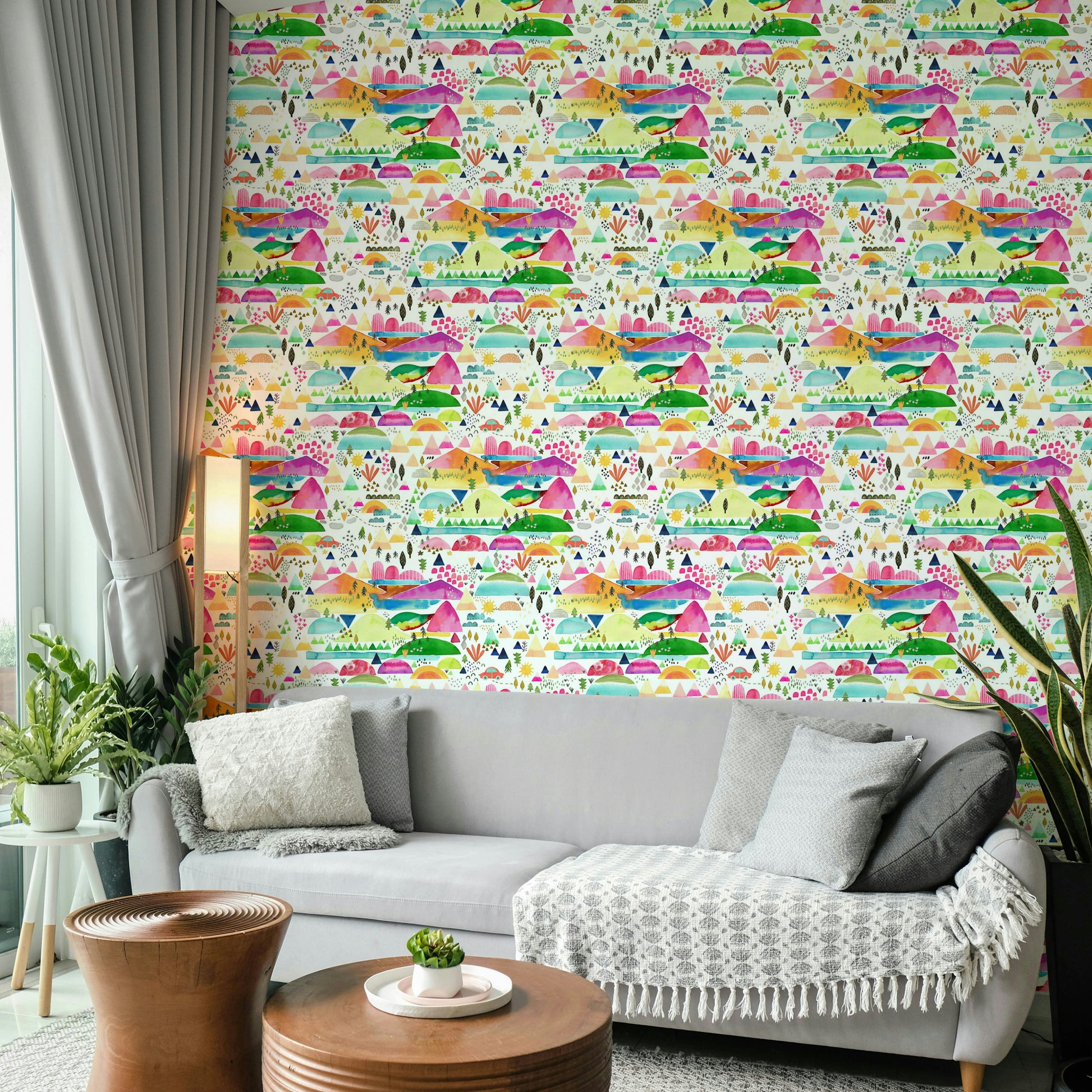 Playful mountain peaks and sky for children’s room

