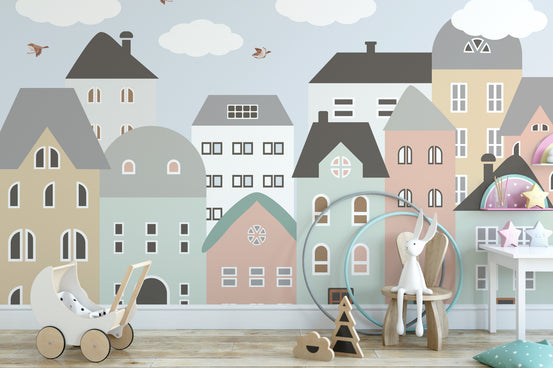 Kids & Nursery City Building wallpaper mural shown as a full feature wall that highlights the design