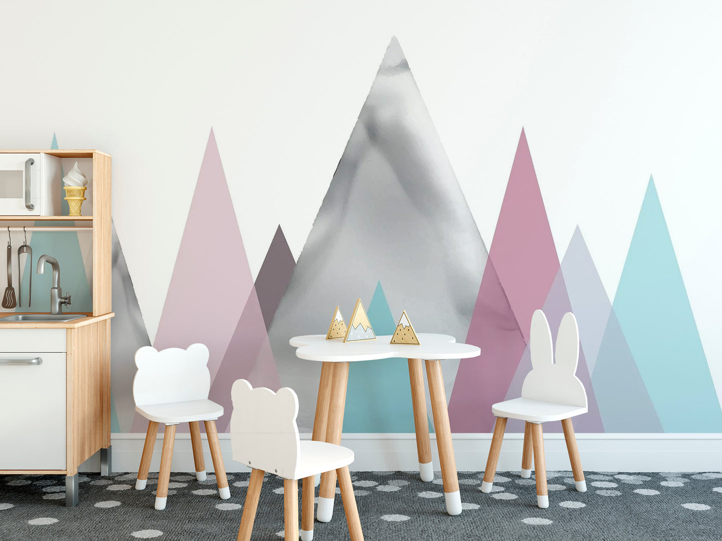 High-quality mountain wall mural with a seamless soft-focus landscape.