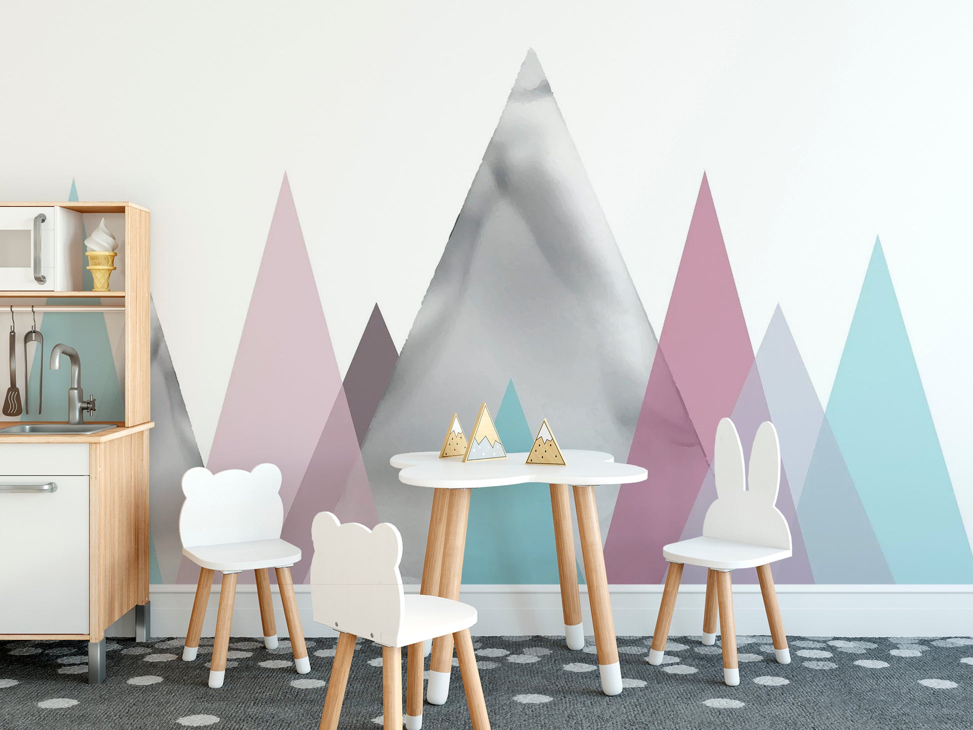 High-quality mountain wall mural with a seamless soft-focus landscape.