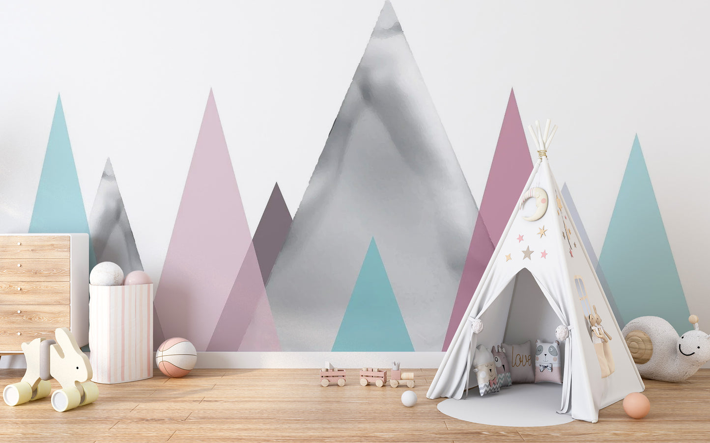 Dreamy mountain nursery wall mural for a peaceful and airy interior look.