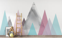 Nature-inspired wallpaper mural with simplified geometric mountain shapes.