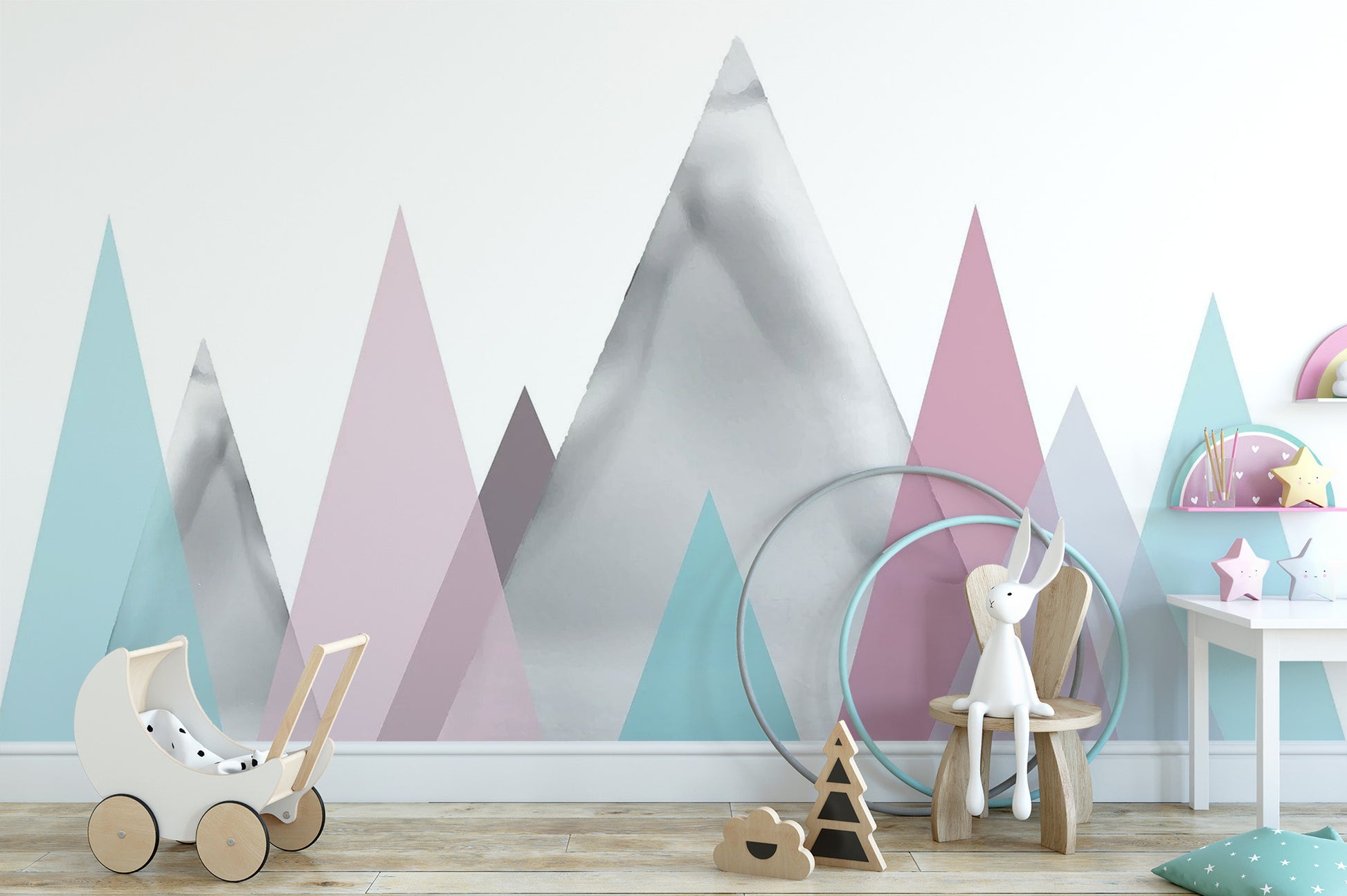 Artistic kids pastel mountains wallpaper mural with subtle texture details.