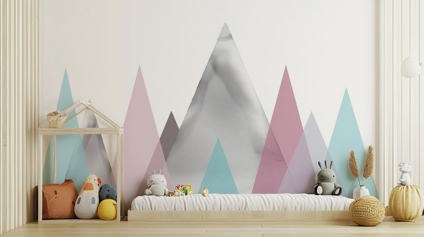 Soft watercolor mountain wallpaper mural for a calming feature wall.