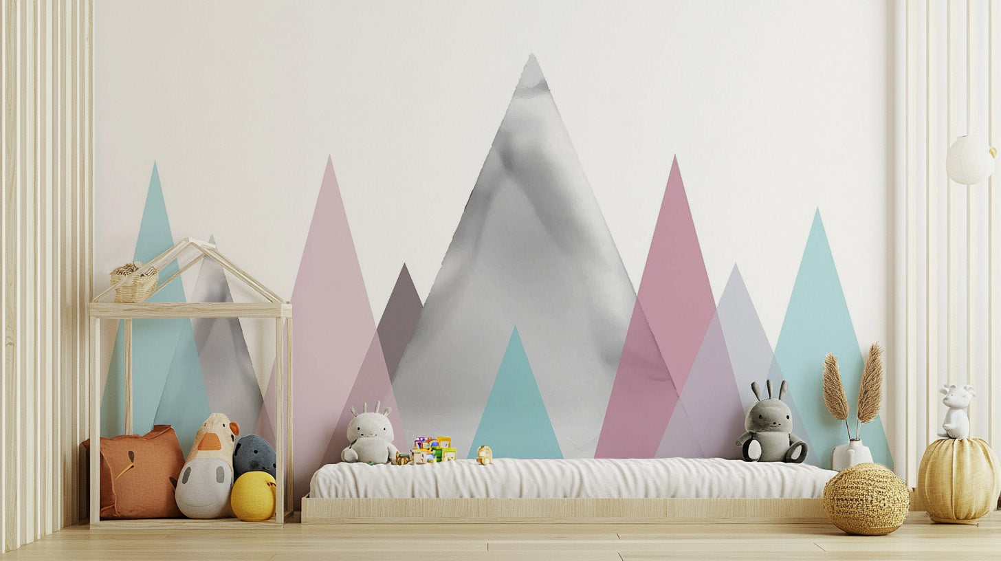 Soft watercolor mountain wallpaper mural for a calming feature wall.