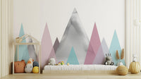 Soft watercolor mountain wallpaper mural for a calming feature wall.