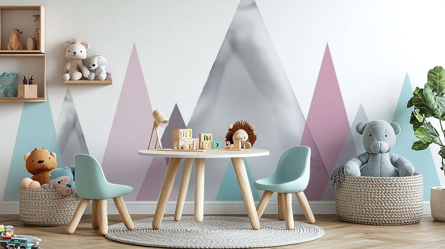 Playful nursery play room wall mural with whimsical hand-drawn mountain ranges.