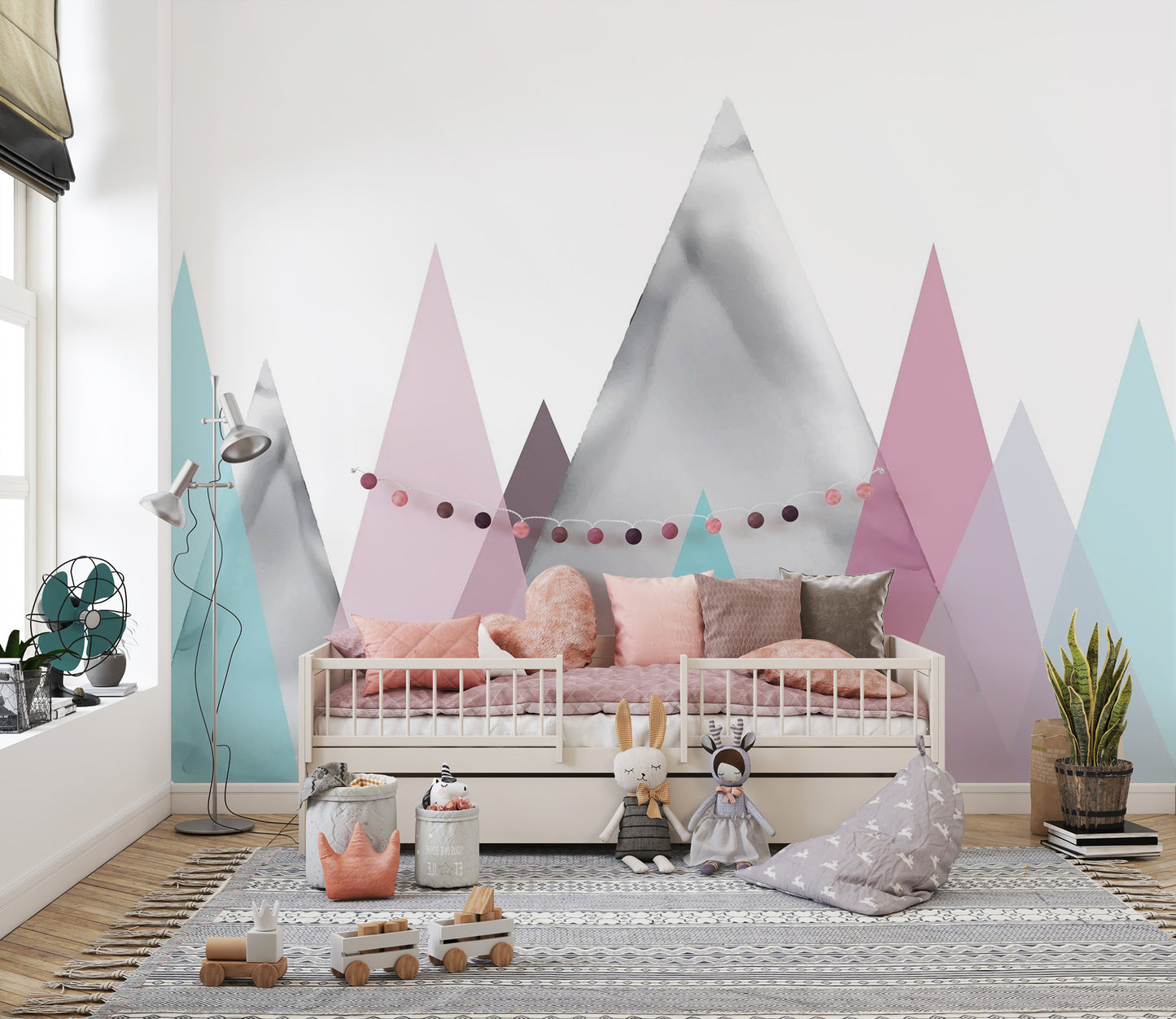 Kids pastel mountains kid room wall mural with soft mint and blush peaks.
