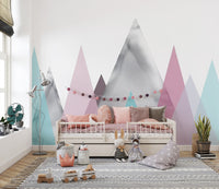 Kids pastel mountains kid room wall mural with soft mint and blush peaks.