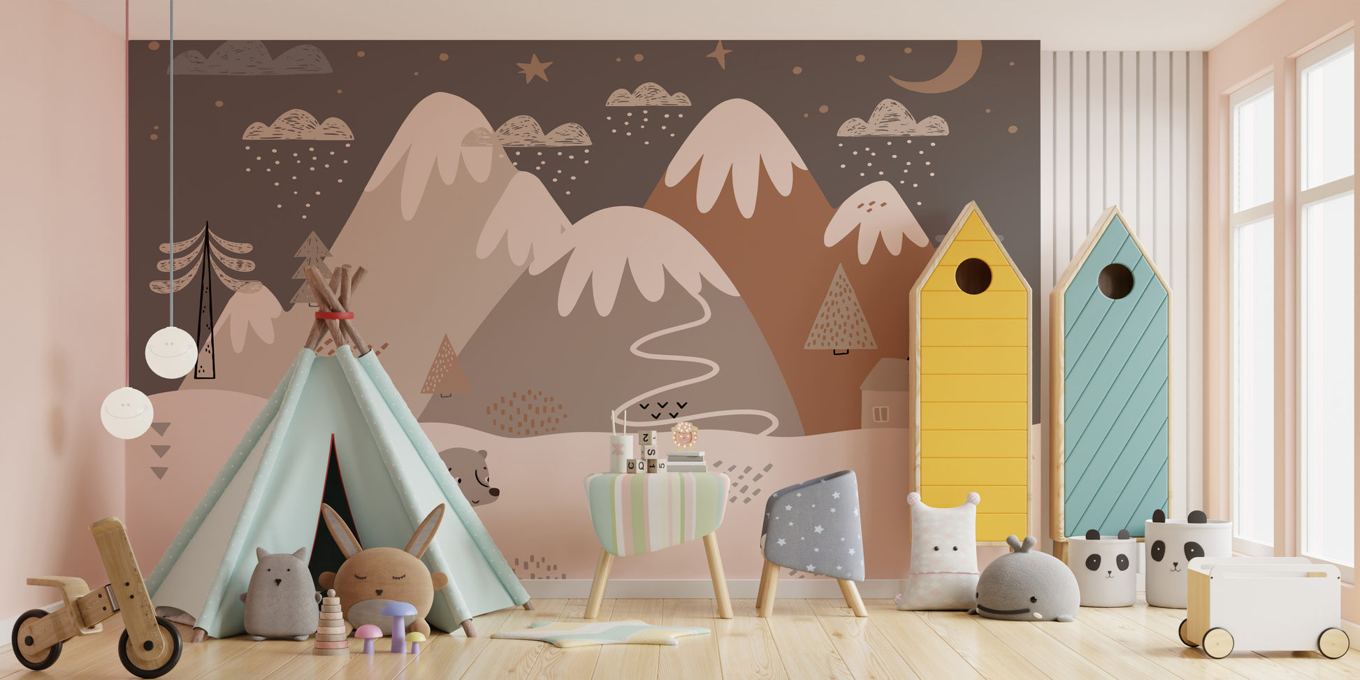 Bear in snowy forest wallpaper mural scene
