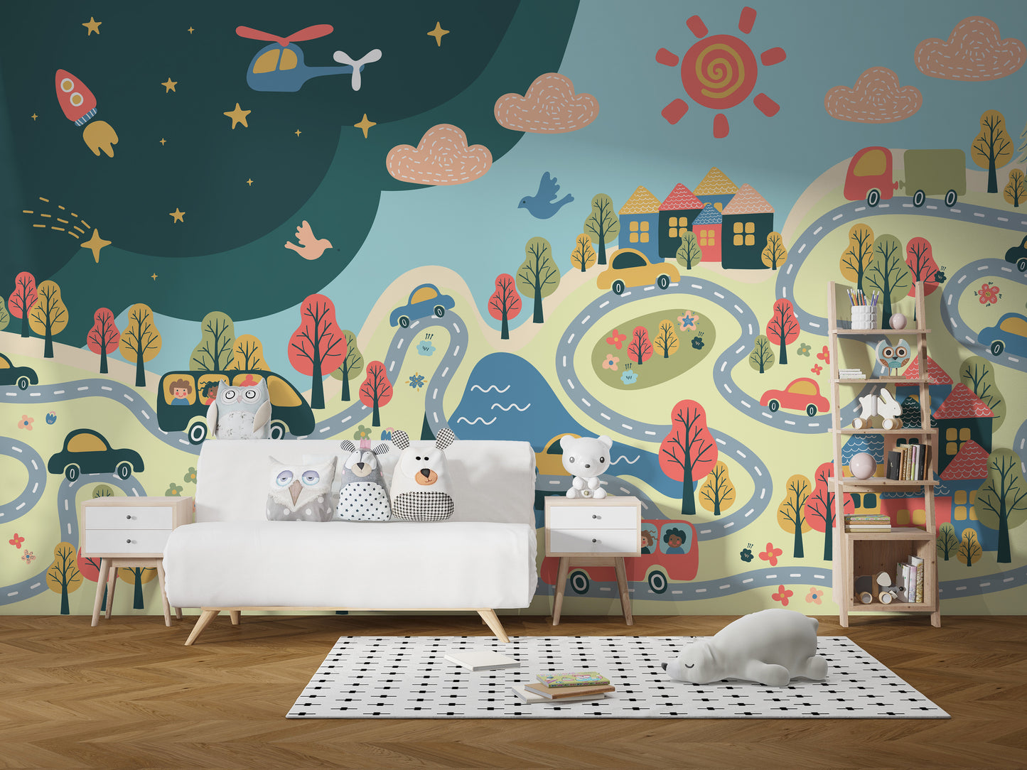 Fun city adventure mural for children
