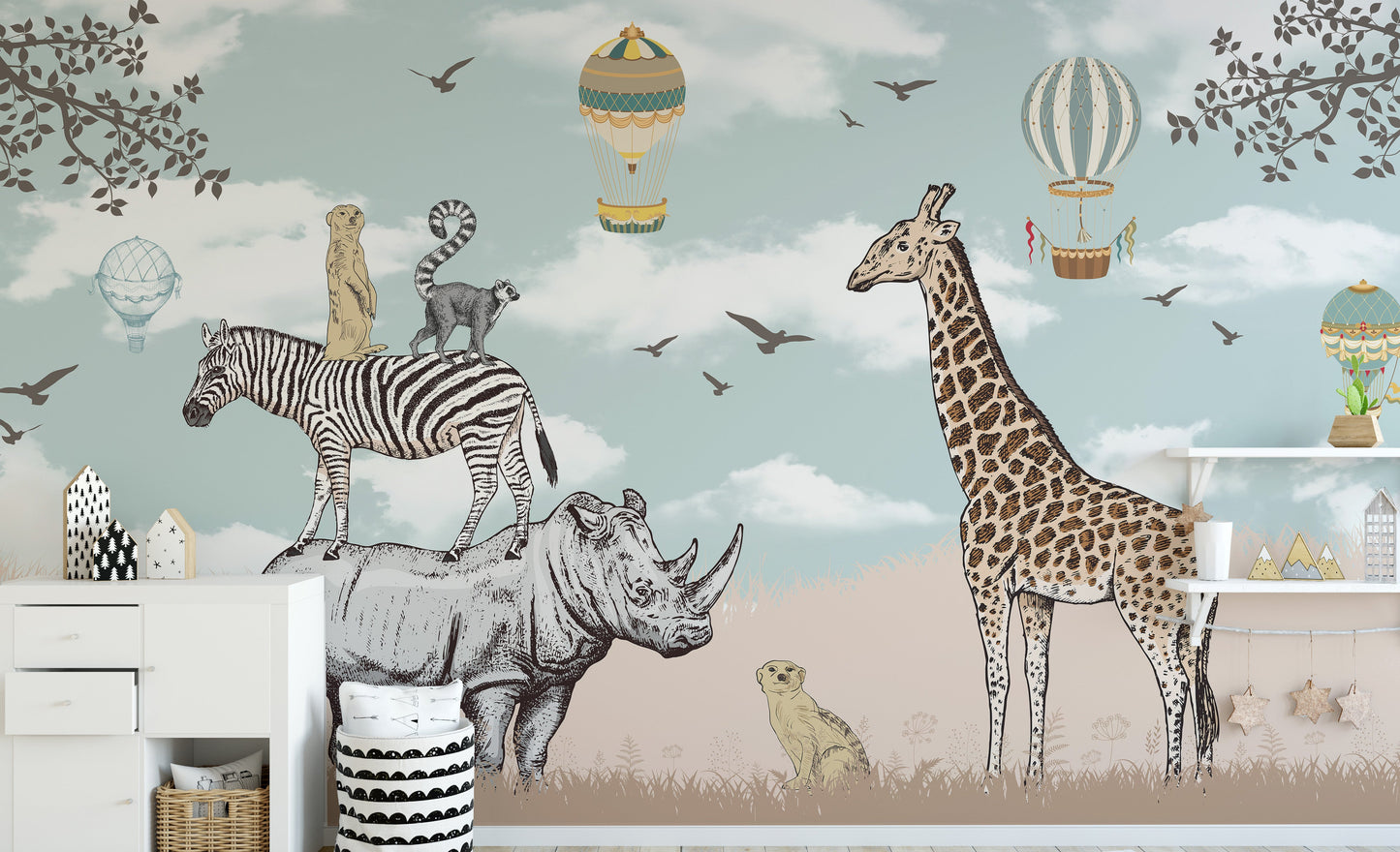 Playful savannah animal mural for children
