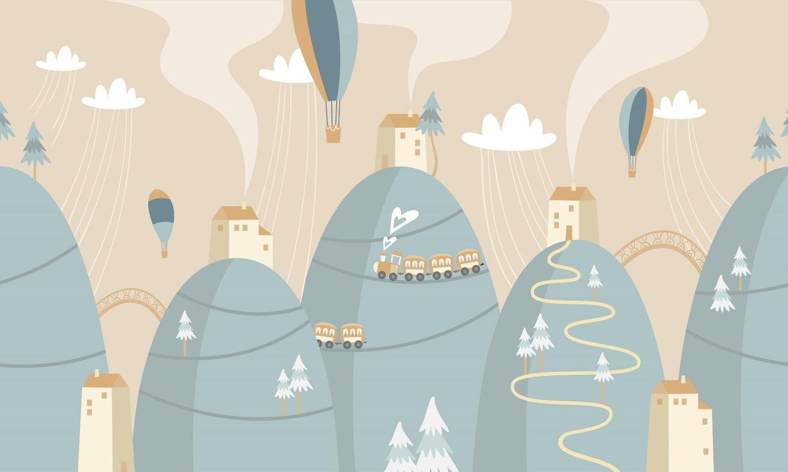 Playful Mountain with Houses Kids Dreamland Wallpaper