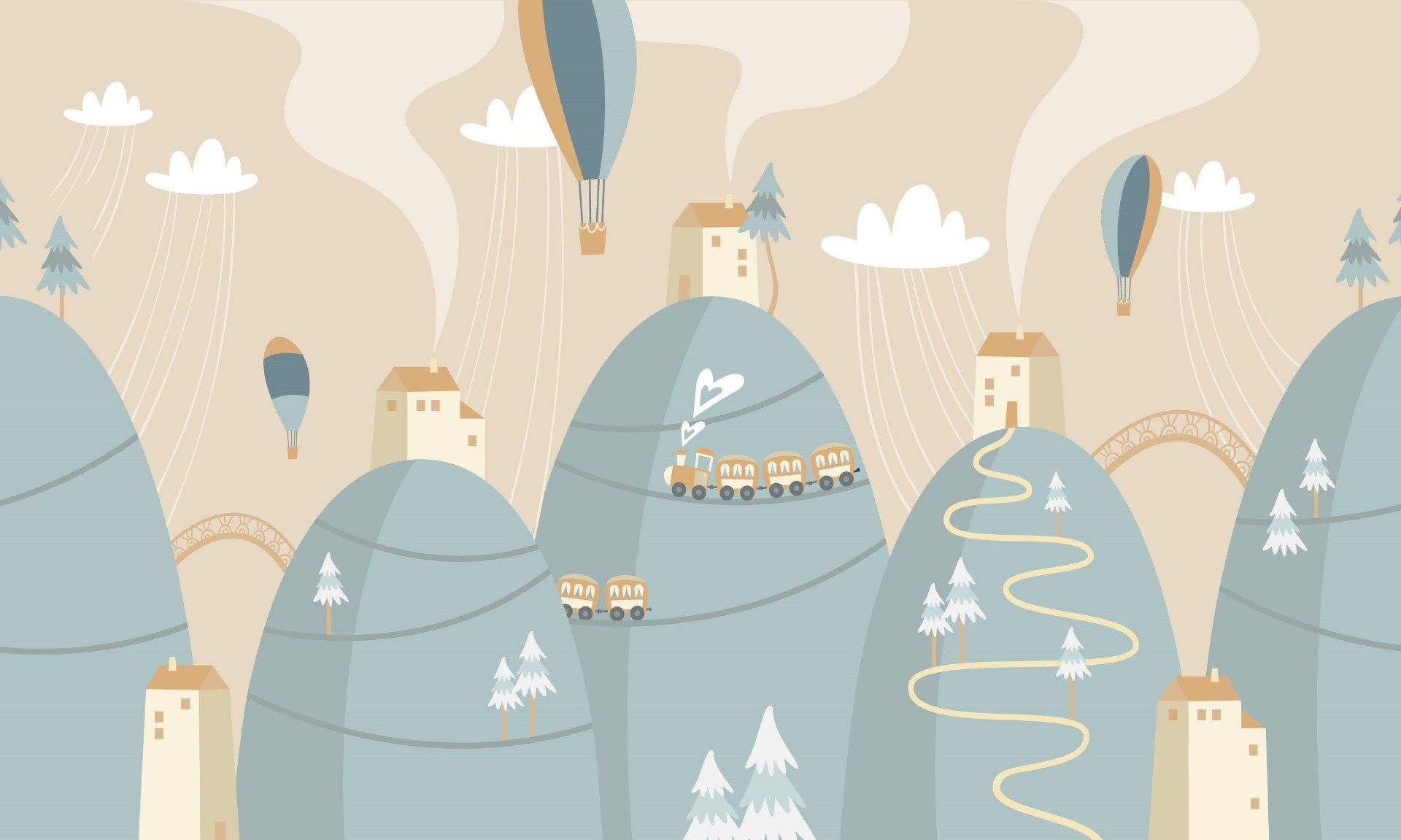 Playful Mountain with Houses Kids Dreamland Wallpaper in your room — zoomed