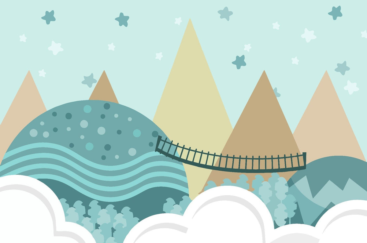 Kids Animated Pastel Mountain Wallpaper in your room — zoomed