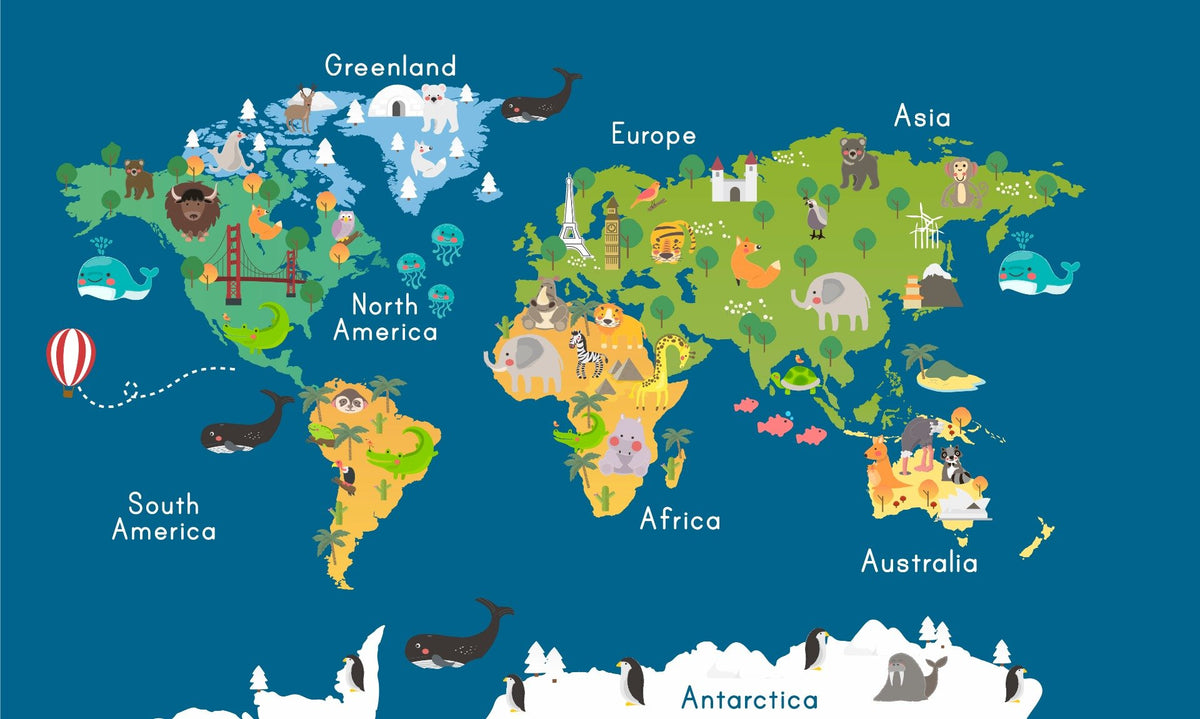 Kids World Map Blue Wallpaper Mural in your room