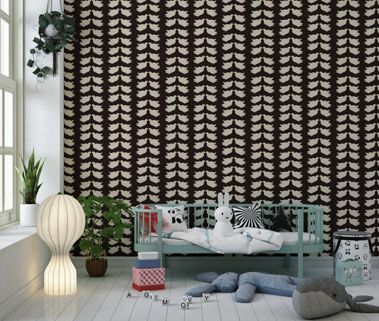 Cream kissing dove pairs wallpaper on deep brown base
