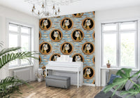 Apartment office accent wall with sea wallpaper, modern coastal style in blue