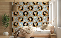 Bathroom accent wall with sea wallpaper, blue wave pattern and bright lighting