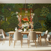 Home office wall with garden swing wallpaper, clean artwork and calm nature backdrop