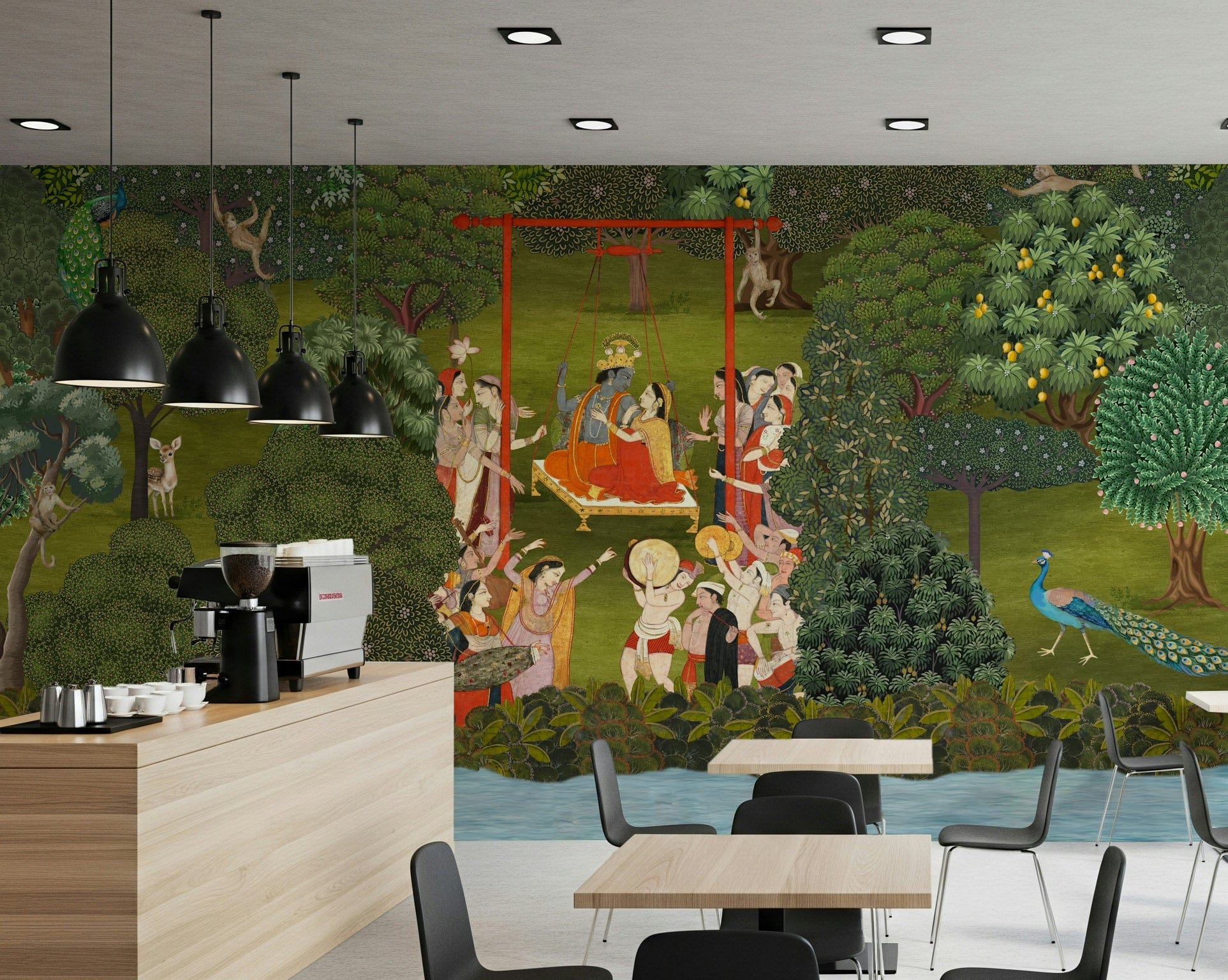 Dining room wall mural with Krishna on garden swing, balanced colour and detail