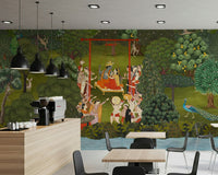 Dining room wall mural with Krishna on garden swing, balanced colour and detail