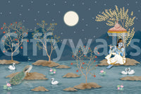 Reception wall with lunar-themed mural, modern night look and soft tones