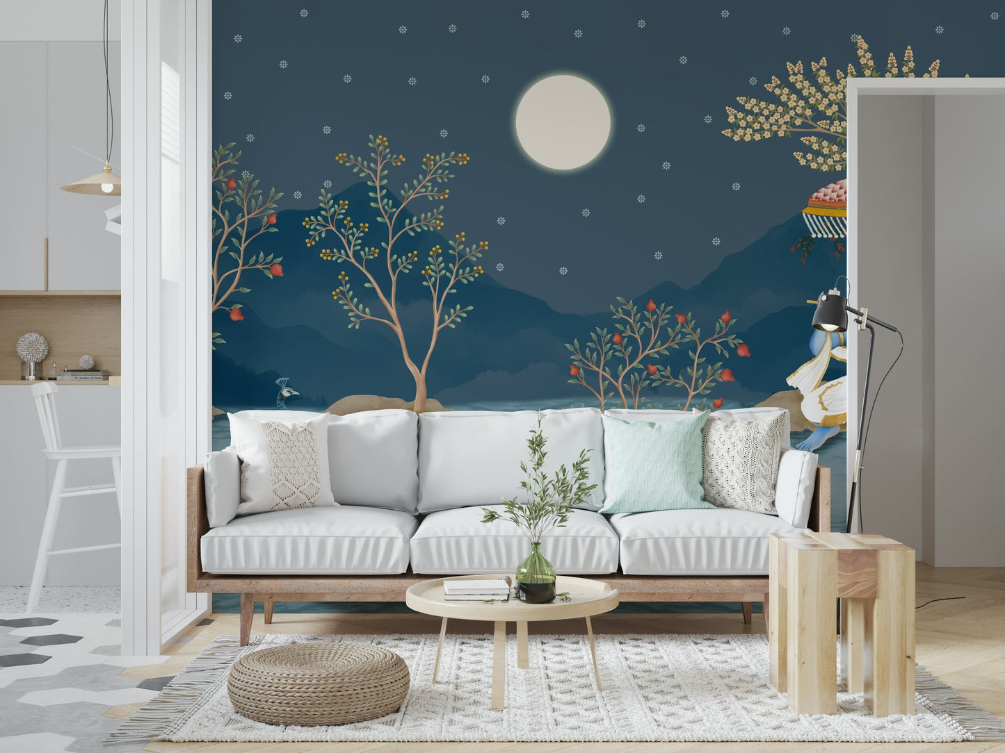 Bedroom headboard wall with moon and stars wallpaper, soft colours and calm mood