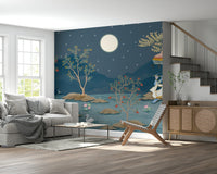 Study nook wall with lunar sky mural, calm background and clean design